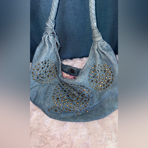 Vintage Retro Fiorucci Brass Stud Denim Hobo Pink Angel Lining & Interior Pocket - Picture 13 of 16